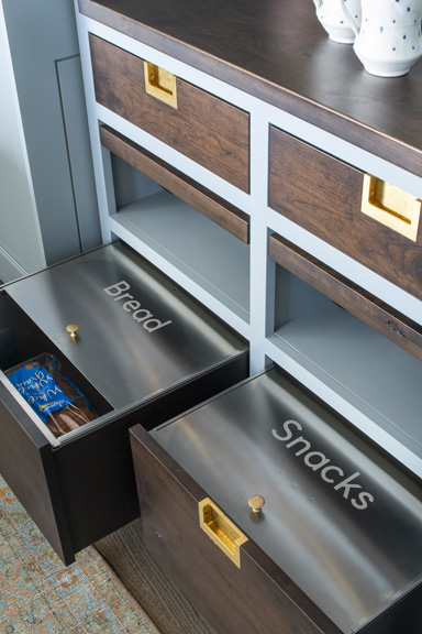 bread and snack drawers in breakfast pantry