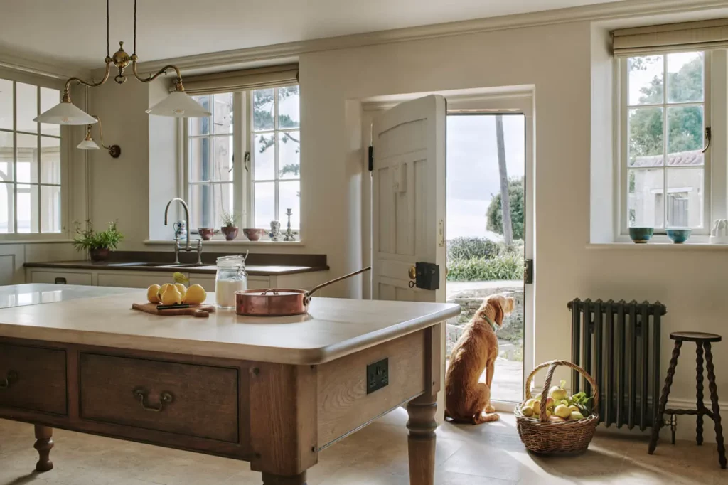 dutch door with dog and large kitchen island