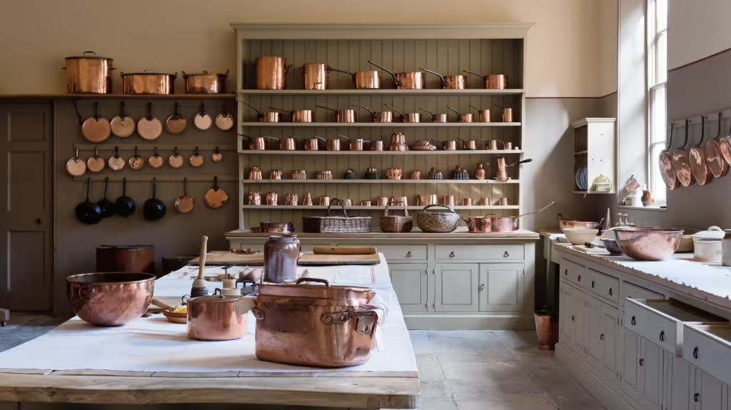 english kitchen with open shelves and copper pots