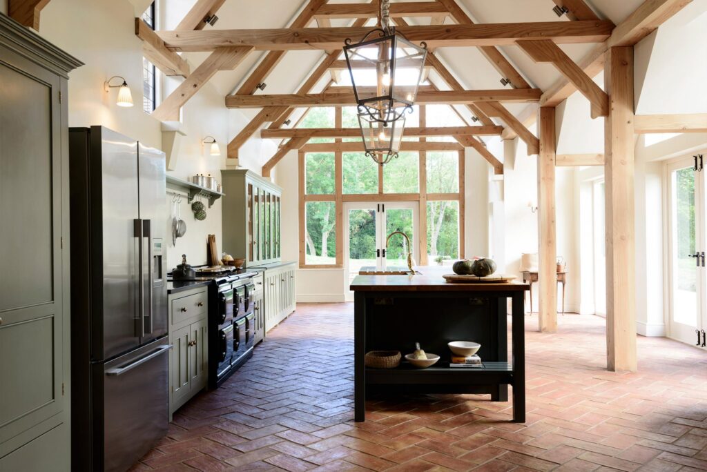 kitchen with vaulted ceiling and large island