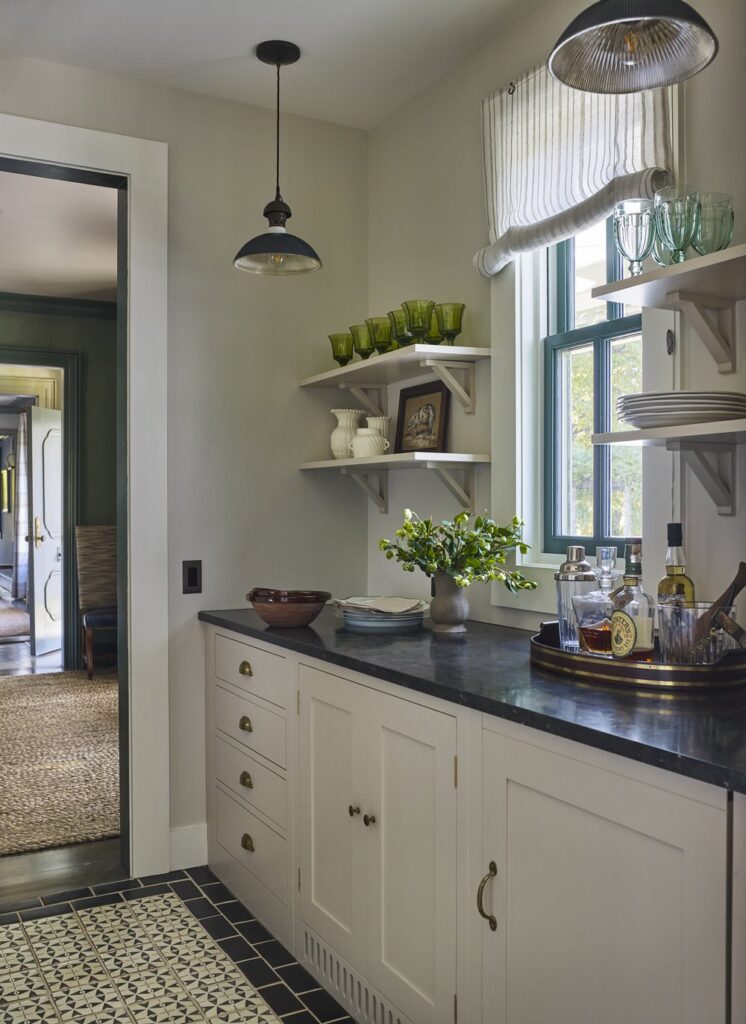 butlers pantry with open shelves and lower cabinets