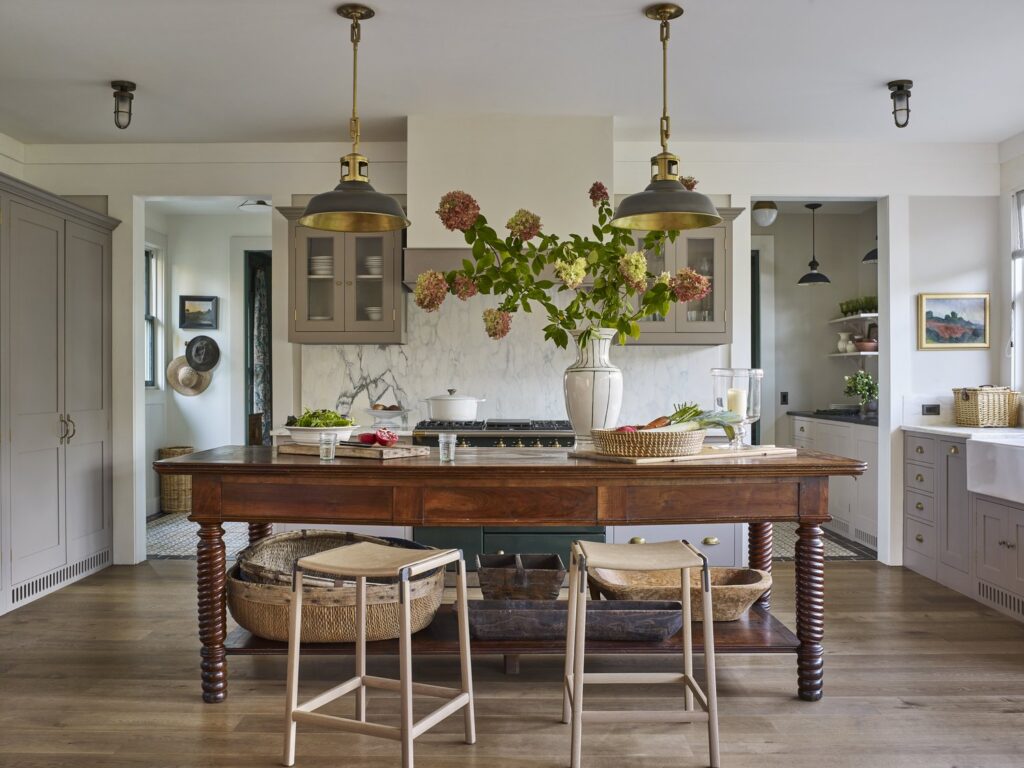 kitchen with cabinets and large table island