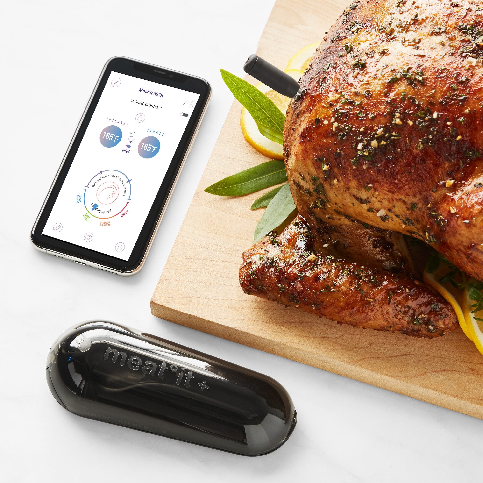 smartphone meat thermometer and chicken