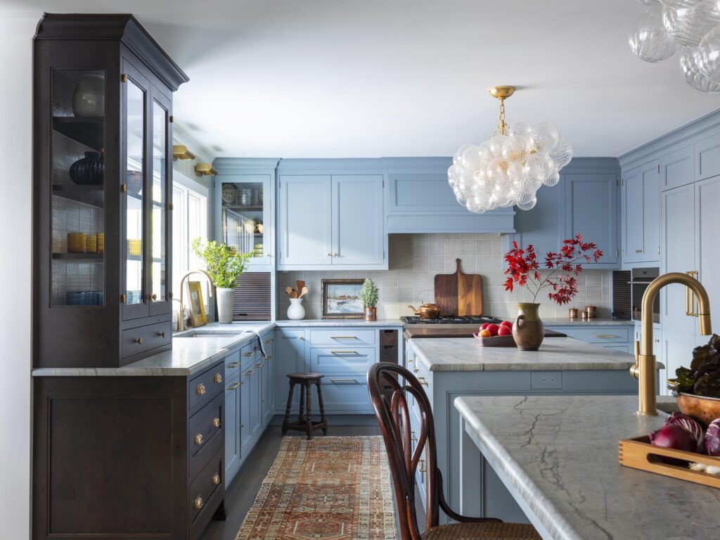 light blue and dark wood kitchen