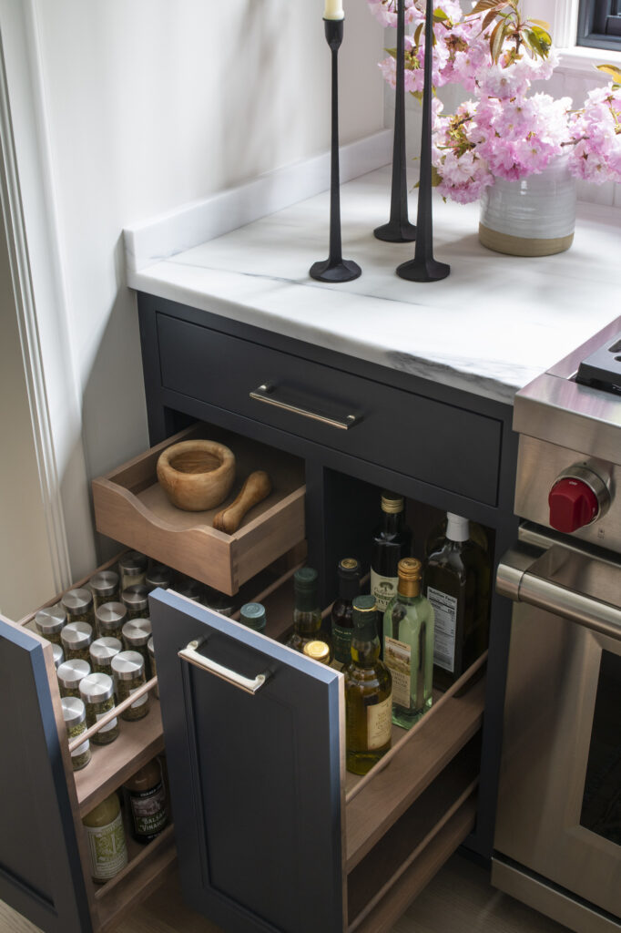 pull out cabinets with spices and oils