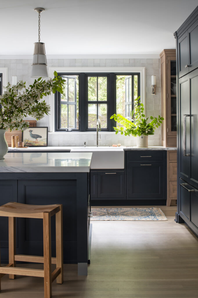 dark blue and light wood kitchen