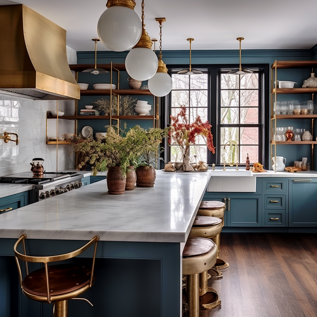 blue and gold kitchen