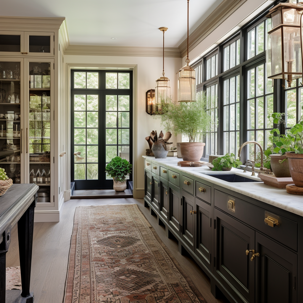 kitchen with island and lots of windows