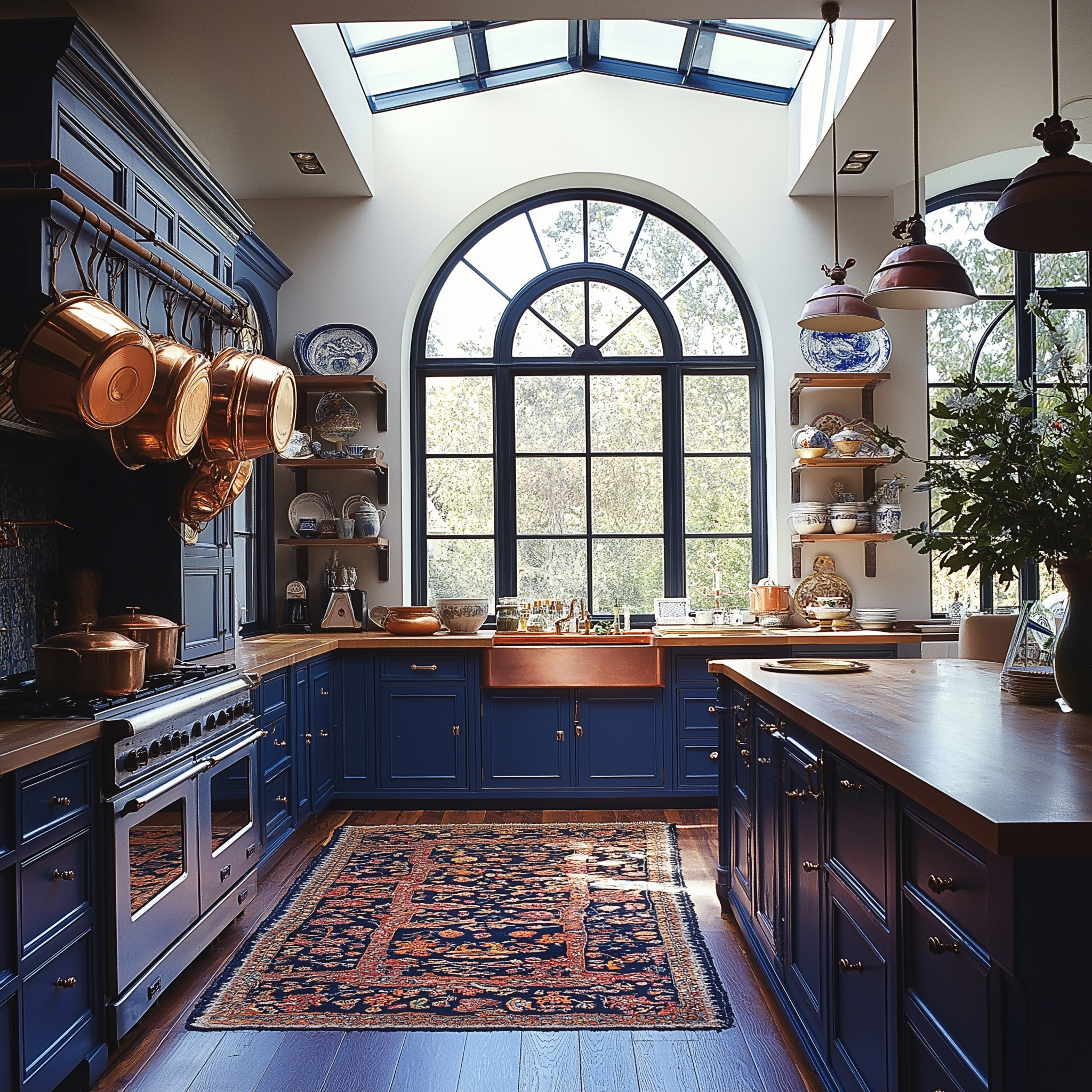 kitchen with large window and a collection of copper pots